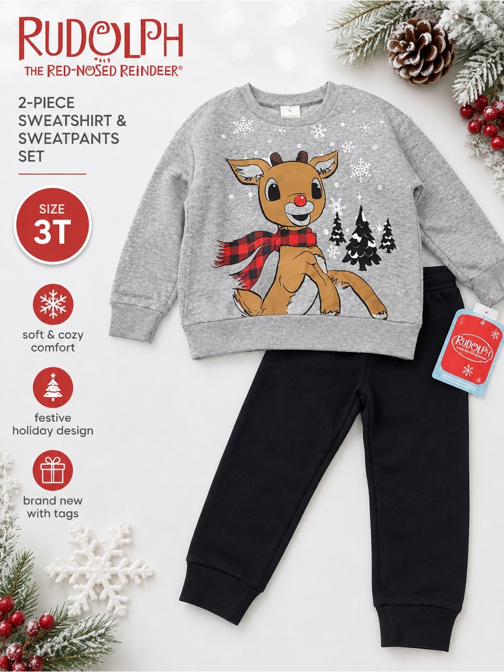 Rudolph Kids 2-Piece Grey Sweatshirt & Black Sweatpants Pajama Set